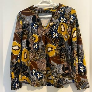 K&C Floral Keyhole Neck Long Sleeve Blouse - Mustard/Navy/Brown - Size Medium